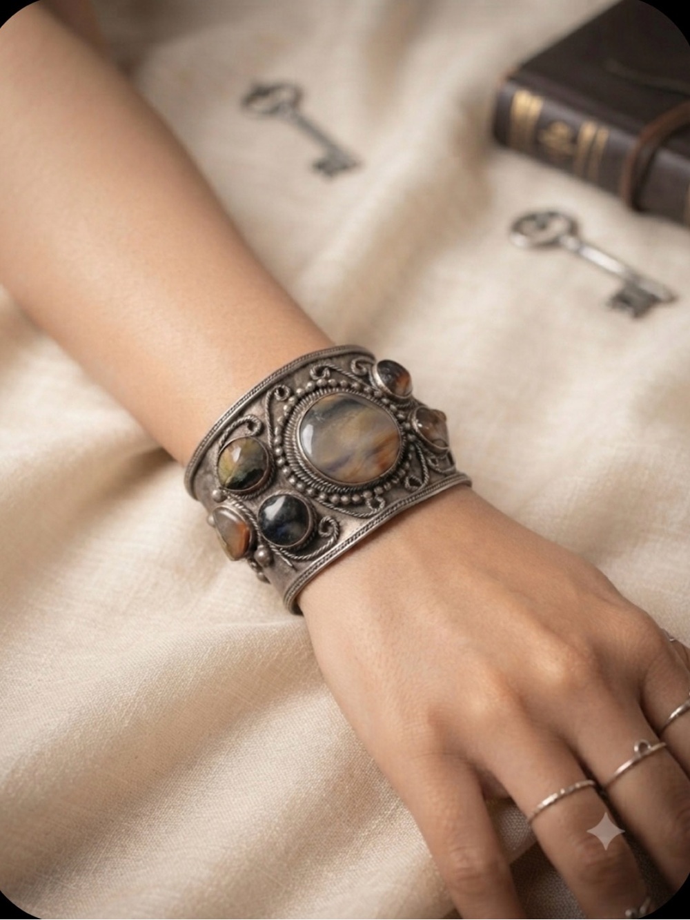 Wide Silver Cuff Bracelet with Polished Stone Cabochons - Picture 1 of 9